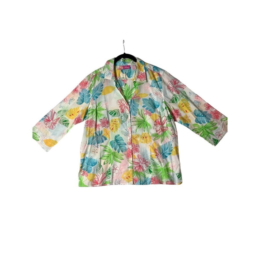 Papagallo Women Size Large Floral Sequin Detail 100% Cotton Button Front Blouse
